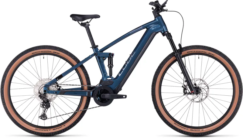 Cube Stereo Hybrid 120 Race 750 Electric Mountain Bike in Blue/Chrome
